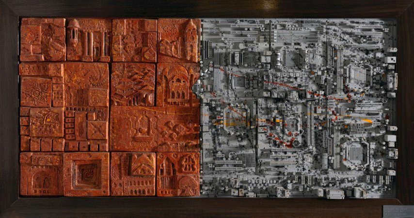 Heritage and Modernity — Terracotta and E-scrap — 24 " x 48 "